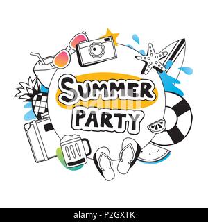 Summer party with doodle icon and design on white background. Invitation poster in hand drawn style. Use for labels, card, tag, stickers, badges, flye Stock Vector