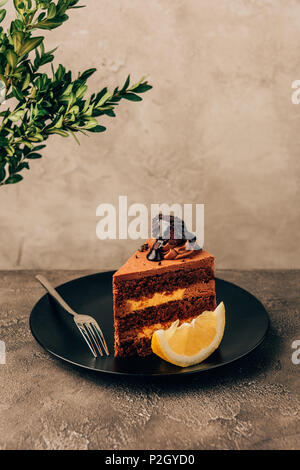 piece of delicious cake with chocolate and lemon on plate Stock Photo