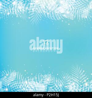 Summer blue blurred background with header footers palm leaves. Vector illustration Stock Vector