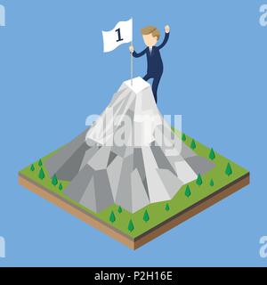 Businessman climbing mountain, Business man holding flag atop Peak, for top winner trophy concept web infographics. Creative people collection. Vector Stock Vector