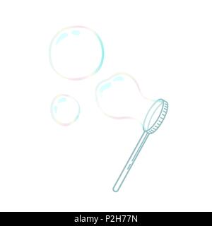Vector illustration of colourful soap bubbles with blower stick isolated on white Stock Vector