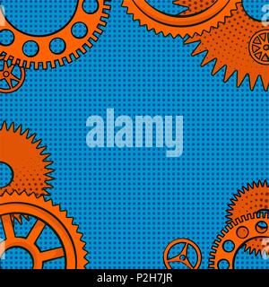 Vector illustration in retro mid century comic books style - frame of orange brass clock gears on blue halftone background Stock Vector