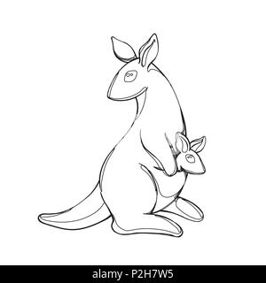 Vector illustration of kangaroo in continious line graphic style, black countour outline sketch isolated on white Stock Vector