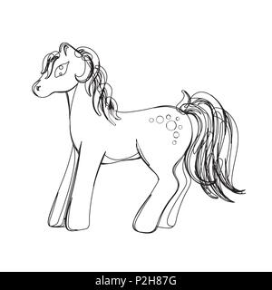 Vector illustration of horse in continious line graphic style, black countour outline sketch isolated on white Stock Vector