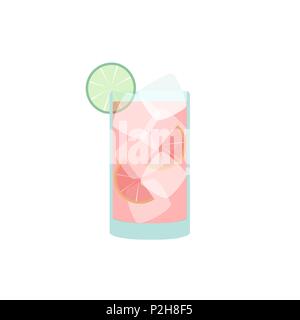 Vector beverage in flat style - grapefruit juice cocktail Sea Breeze with ice, lime and grapefruit pieces isolated on white Stock Vector