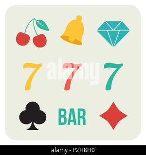 Vector illustration of slot machine reels signs and symbols - lucky sevens, cherries, bell and other elements of gambling in minimal flat retro style Stock Vector