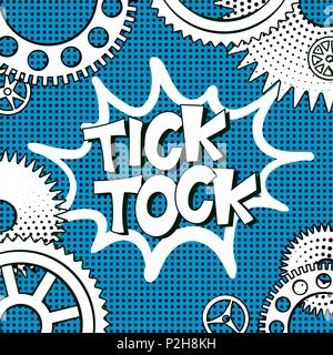Vector illustration in retro mid century comic books style - tick-tock words in frame of clock gears on blue halftone background Stock Vector