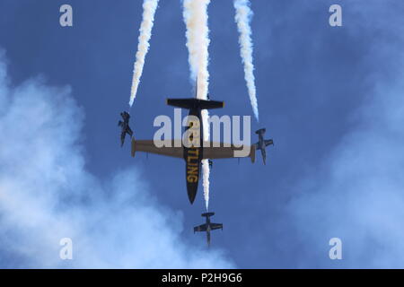 The Breitling Jet Team flies over the crowd while performing at the 2016 MCAS Miramar Air Show aboard Marine Corps Air Station Miramar, Calif., Sept. 24. This was the team’s second year performing in the annual air show. The MCAS Miramar Air Show showcases world-class performers, military flight demonstration teams, the capabilities of the Marine Air-Ground Task Force and celebrates Miramar’s longstanding relationship with the local San Diego community. (U.S. Marine Corps photo by Pfc. Jacob Pruitt/Released) Stock Photo