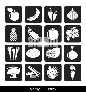 Silhouette Different kind of fruit and vegetables icons - vector icon set Stock Vector
