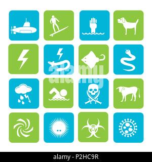 Silhouette Warning Signs for dangers in sea, ocean, beach and rivers - vector icon set 2 Stock Vector