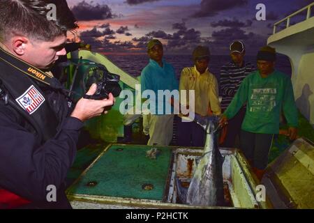 U.S. Coast Guard Petty Officer 3rd Class John Jude, a boatswain's mate and boarding team member, documents part of the catch aboard the longline vessel Jinn Hsing Tsai No. 3 during a fisheries enforcement boarding in the Philippine Sea Sept. 2, 2016. Common species seen during such boardings are highly migratory tuna, marlin and sharks all regulated under the Western and Central Pacific Fisheries Convention. (U.S. Coast Guard photo by Chief Petty Officer Sara Mooers) Stock Photo