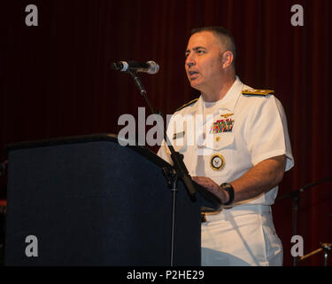 160927-N-KB426-197  SACRAMENTO, Calif. (Sept. 27, 2016) Rear Adm. Douglas “Woody” Beal, deputy commander of Navy Recruiting Command and flag host of Sacramento Navy Week, speaks during the week’s opening ceremony at the Sacramento Memorial Auditorium. Navy Weeks focus a variety of assets, equipment and personnel on a single city for a week-long series of engagements designed to bring America's Navy closer to the people it protects, in cities that do not have a large naval presence. (U.S. Navy photo by Mass Communication Specialist 3rd Class James Vazquez/Released) Stock Photo