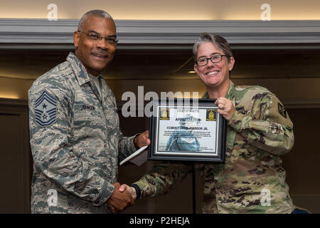 U.S. Army Master Sgt. Melissa White, F Company, 1-222nd Aviation Regiment first sergeant, presents U.S. Air Force Chief Master Sgt. Jack Johnson Jr., NATO command senior enlisted leader, with a certificate of appreciation during a diamond council meeting at Joint Base Langley-Eustis, Va., Sept. 23, 2016. The Fort Eustis diamond council consists of first sergeants who support the JBLE community through morale, welfare and recreation events. (U.S. Air Force photo by Airman 1st Class Derek Seifert) Stock Photo