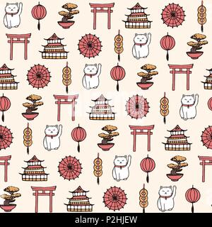 Hand drawn vector asian seamless pattern containing oriental elements: umbrellas, japanese lucky cats, coins, lanterns, bonsai and torii gates. Orname Stock Vector