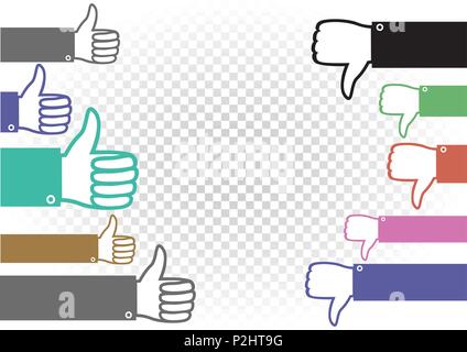 like and dislike battle illustration. Followers and haters war. Hand palm with raised upward and down thumb finger on white transparent background. Go Stock Vector