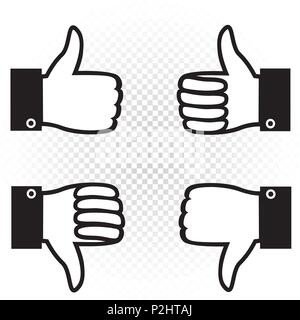 Like and dislike symbol icon set. Black hand palm with raised upward and down thumb finger on white transparent background. Good well and bad sign col Stock Vector