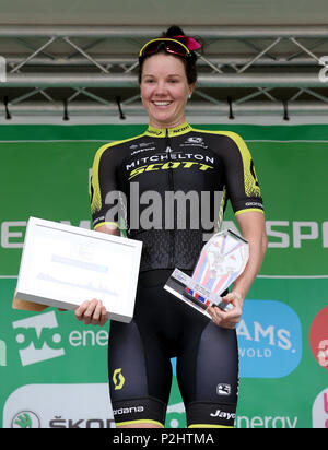 Mitchelton Scott's Sarah Roy celebrates on the podium after winning stage three of the OVO Energy Women's Tour from Atherstone to Royal Leamington Spa. Stock Photo