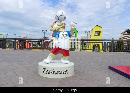 Kazan, Russia - June 12, 2018: Wolf Zabivaka the official mascot of championship FIFA World Cup Russia 2018 at Kremlin Embankment Stock Photo