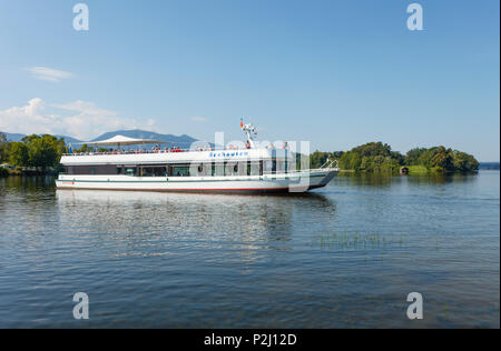 Boat on lake Staffelsee, Woerth island, Seehausen am Staffelsee, near Murnau, Blue Land, district Garmisch-Partenkirchen, Bavari Stock Photo