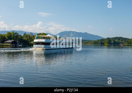 Boat on lake Staffelsee, Woerth island, Seehausen am Staffelsee, near Murnau, Blue Land, district Garmisch-Partenkirchen, Bavari Stock Photo