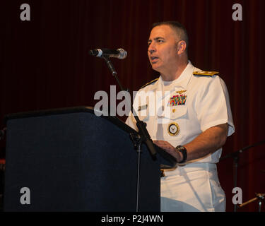 160927-N-KB426-197  SACRAMENTO, Calif. (Sept. 27, 2016) Rear Adm. Douglas “Woody” Beal, deputy commander of Navy Recruiting Command and flag host of Sacramento Navy Week, speaks during the week’s opening ceremony at the Sacramento Memorial Auditorium. Navy Weeks focus a variety of assets, equipment and personnel on a single city for a week-long series of engagements designed to bring America's Navy closer to the people it protects, in cities that do not have a large naval presence. (U.S. Navy photo by Mass Communication Specialist 3rd Class James Vazquez/Released) Stock Photo