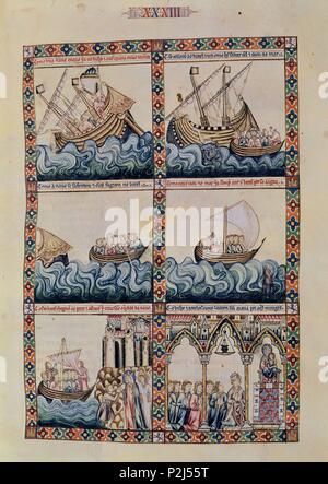 'The Pilgrim Saved from Shipwreck', MTI1, The Cantigas de Santa Maria, Number 33, F49R, 13th century. Author: Alfonso X of Castile the Wise (1221-1284). Location: MONASTERIO-BIBLIOTECA-COLECCION, SAN LORENZO DEL ESCORIAL, MADRID, SPAIN. Stock Photo