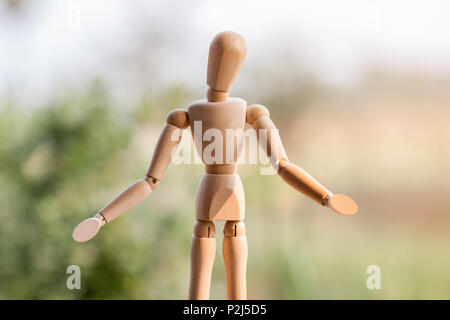 Wooden Figure or Wooden Mannequin Standing and Raising Arms Body Language on Nature Background Stock Photo