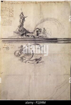 Drawing for the Neptune's fountain. 18th century. Madrid, public museum. Author: Ventura Rodríguez (1717-1785). Location: MUSEO DE HISTORIA-DIBUJOS, MADRID, SPAIN. Stock Photo