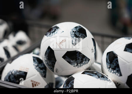 MOSCOW, RUSSIA - JUNE, 14, 2018: Soccer ball with logo of the World Cup FIFA 2018, FIFA Fan Fest in the official mundial souvenir shop Stock Photo