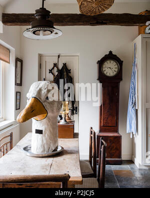 Early 18th century Scottish longcase clock and large goose head in kitchen of Sussex barn conversion Stock Photo