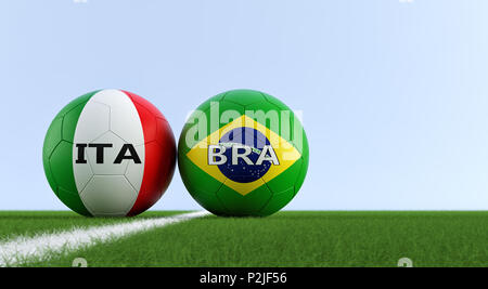 Brazil vs. Italy Soccer Match - Soccer balls in Italys and Brazils national colors on a soccer field. Copy space on the right side - 3D Rendering Stock Photo