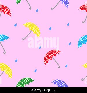 Symbols of inclement weather colorful umbrellas and raindrops. Vector seamless illustration. Stock Vector