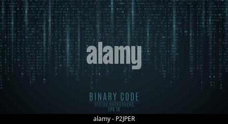 Binary code background. Blue glow. Falling figures. Blurring of figures in motion. Global network. High technologies, programming, sci-fi. Vector illu Stock Vector
