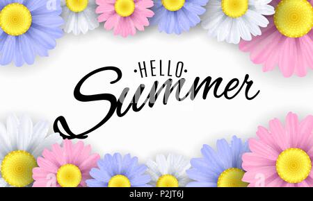 Hello Summer. Seasonal banner. Multicolored flowers on a white background. Calligraphic black text. Vector illustration. EPS 10 Stock Vector