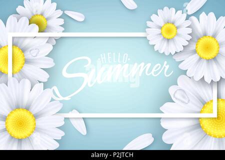 Hello Summer. Seasonal banner. Camomiles flowers on a light blue background. Text in a frame. Falling petals. Vector illustration. EPS 10 Stock Vector