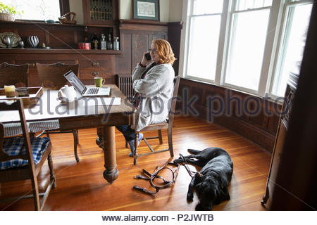 Black seeing eye dog laying on floor next to owner talking on phone at dining table