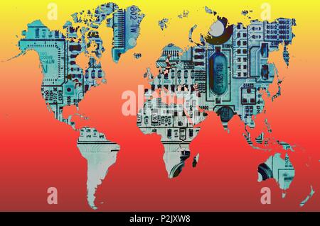 World map made with artistic electronic circuit on red and yellow background. Elements of this image furnished by NASA. Stock Photo