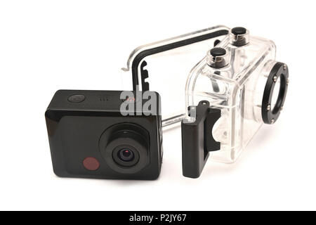 action camera with waterproof case isolated on white Stock Photo