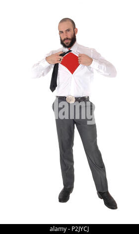 A handsome young man in a white shirt showing his red undershirt  with a beard and mustache, isolated for white background Stock Photo