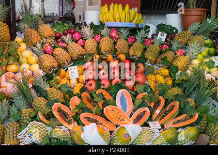 Madrid, Spain: Fresh tropical produce for sale at Mercado de San Miguel. Originally built in 1916, the landmark building was renovated and reopened it Stock Photo