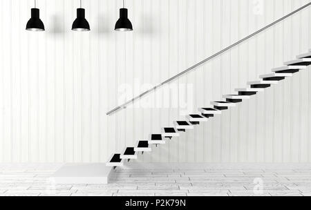 White room interior with staircase and ceiling lamps in modern and minimal style, 3D rendering Stock Photo