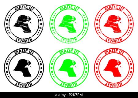 Made in Kuwait - rubber stamp - vector, Kuwait map pattern - black, green and red Stock Vector