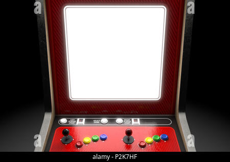 A closeup of a blank screen of a vintage arcade game machine with colorful controllers on an isolated background - 3D render Stock Photo
