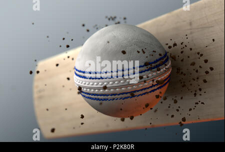 An extreme closeup slow motion action capture of a white cricket ball striking a wooden bat with dirt particles emanating on a dark isolated backgroun Stock Photo