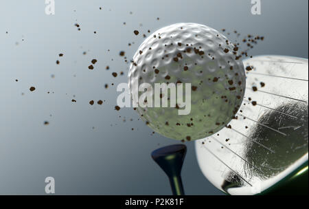 An extreme closeup slow motion action capture of a golf wood club striking a ball with dirt particles emanating on a dark isolated background - 3D ren Stock Photo