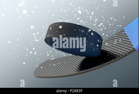 An extreme closeup slow motion action capture of a ice hockey puck striking a hockey stick with ice particles emanating on a dark isolated background  Stock Photo