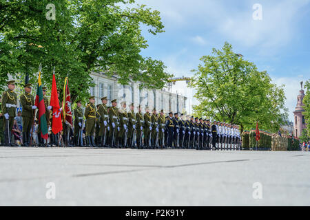 Service members from the United States, Lithuania and several other nations participate in a ceremony to celebrate the 25th Anniversary of the Lithuanian and Pennsylvania Army National Guard’s participation in the State Partnership Program (SPP) in downtown Vilnius, Lithuania, June 10, 2018. The SPP, allows the National Guard to strengthen international relationships while conducting military-to-military engagements in support of defense security goals across the world. (U.S. Army photo by Sgt. Gregory T. Summers / 22nd Mobile Public Affairs Detachment) Stock Photo