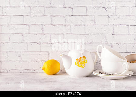 Two cups and teapot for morning tea. Copy space. Stock Photo