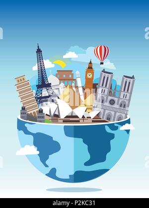 Travel around the world concept. Tourism with famous world landmarks. Vector Illustration. Globe with different touristic destinations buildings Stock Vector