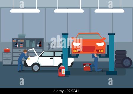 Work process in car and tire services. Automobile repair and mechanics vector illustration Stock Vector